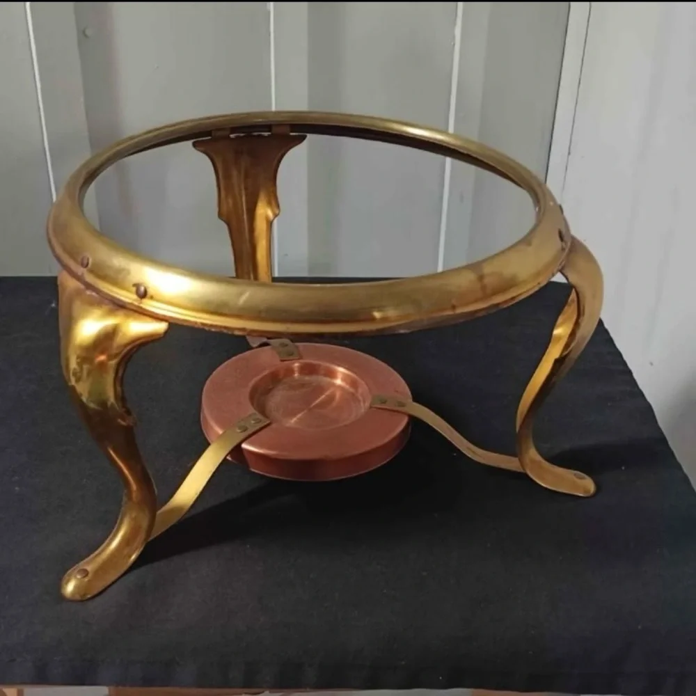 Vtg Copper & Brass Chafing Dish / Fondue Set w/ Burner, Lid & Handle  Tableware